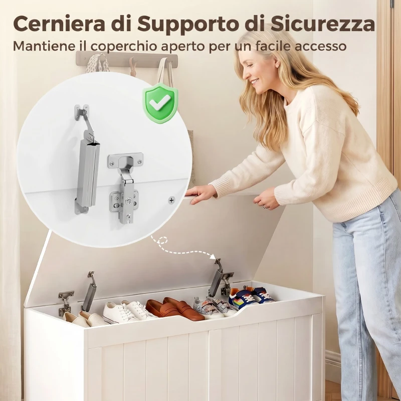 HOMCOM Panca Contenitore con Apertura a Ribalta e Cerniere di Sicurezza, 80x40x45 cm, Bianco