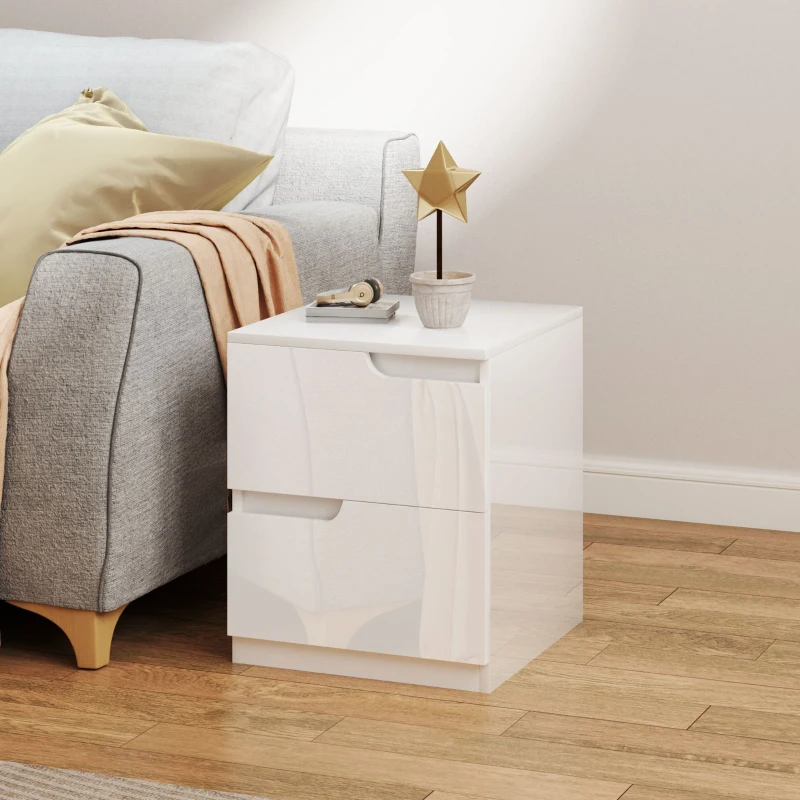 HOMCOM Comodino Moderno in Legno con 2 Cassetti e Design Lucido, 40x40x48 cm, Bianco