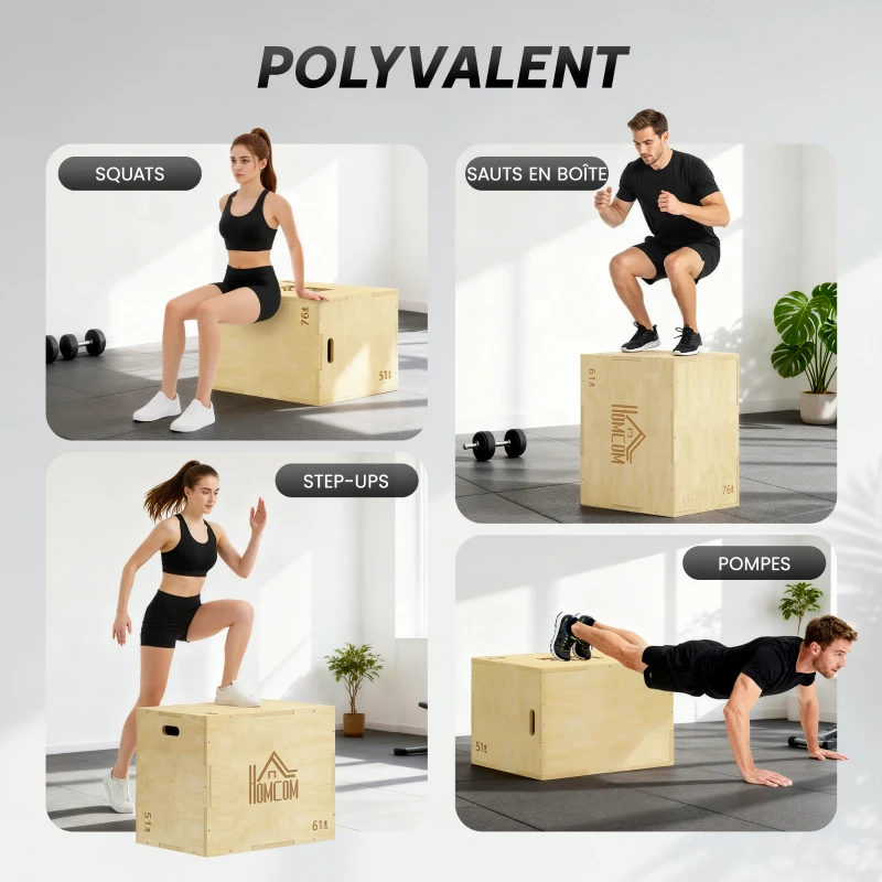 HOMCOM Box Jump pliométrie 3 en 1 appareil musculation fitness entraînement croisé plyobox pour box training 51/61/76cm en bois