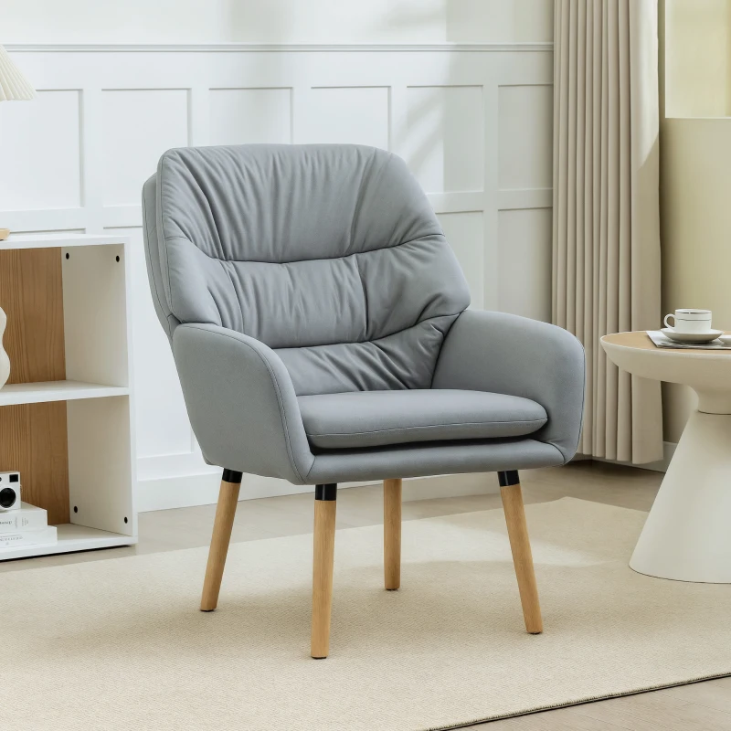 HOMCOM Poltrona de Sala de Estar Moderna Acolchoada de Dupla Camada Estofada em Couro Sintético Pés de Madeira 68x74x89 cm Cinza