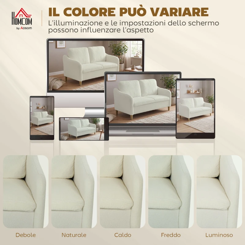 HOMCOM Divano 2 Posti Moderno con Cuscini Spessi e Rivestimento Sherpa, 137x69x82 cm, Crema