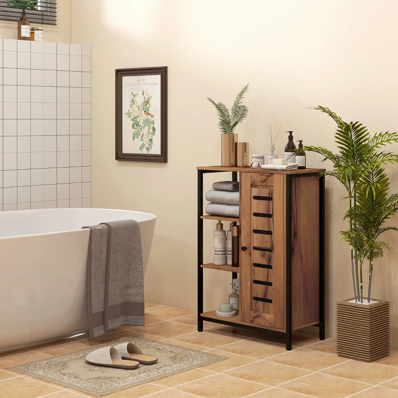 kleankin Móvel Auxiliar Casa de Banho com Porta de Ripas 3 Compartimentos Abertos Prateleira Ajustável 60x30x85 cm Castanho Rústico