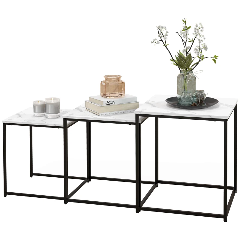 HOMCOM Conjunto de 3 Mesas Auxiliares para Sala de Estar com Efeito Mármore e Estrutura de Aço Estilo Moderno Branco e Preto