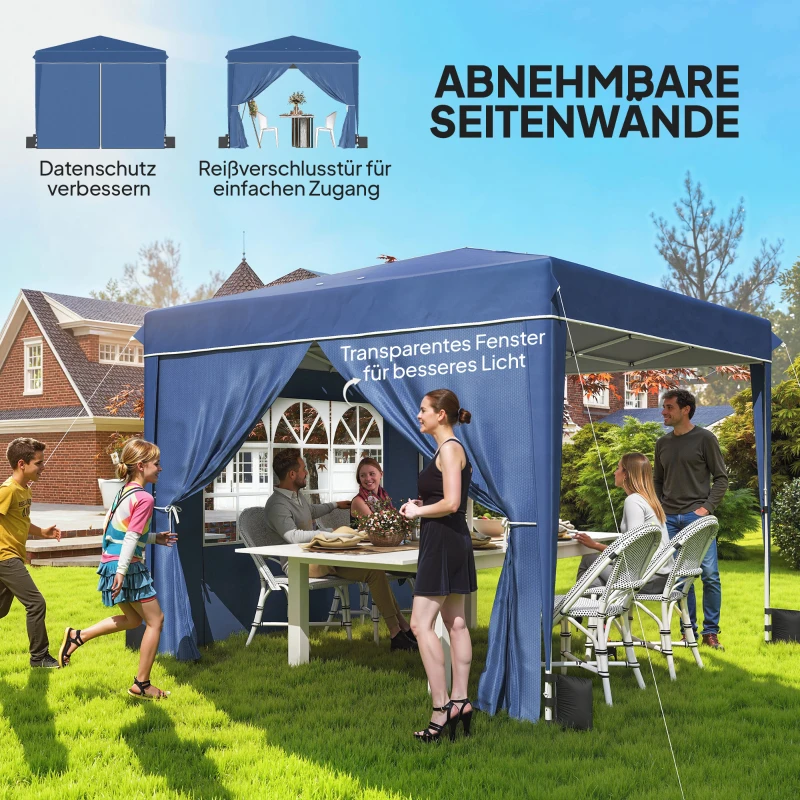 Outsunny Pavillon 3 x3 m Wasserdicht höhenverstellbar Pop-up Faltpavillon mit 2 Seitenteilen, UV 50+ Faltbar Dunkelblau