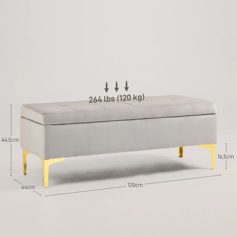HOMCOM Panca Contenitore Fondo Letto con Tessuto Vellutato e Gambe Dorate, 120x44x44.5cm, Grigio Chiaro