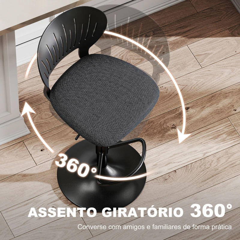 HOMCOM Conjunto de 2 Bancos Altos de Cozinha Giratórios a 360° Reguláveis em Altura de 84-105 cm 40,5x43x84-105 cm Preto