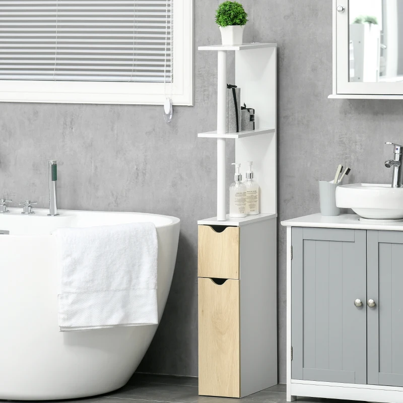 kleankin Colonna Bagno con 2 Ripiani e 2 Armadietti, Mobile Alto Salvaspazio 15.2x29.8x118 cm, Bianco e color Legno
