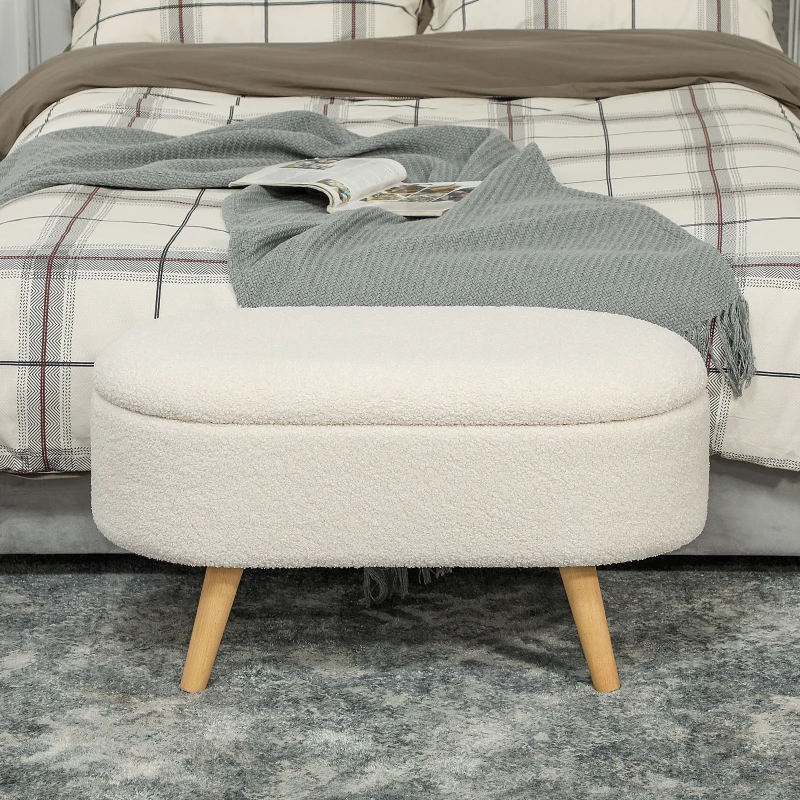 HOMCOM Banc de Rangement, Bout de Lit Rembourré en Peluche Teddy avec Couvercle et Pieds en Bois, 82 x 41 x 45 cm, Blanc(m-4)
