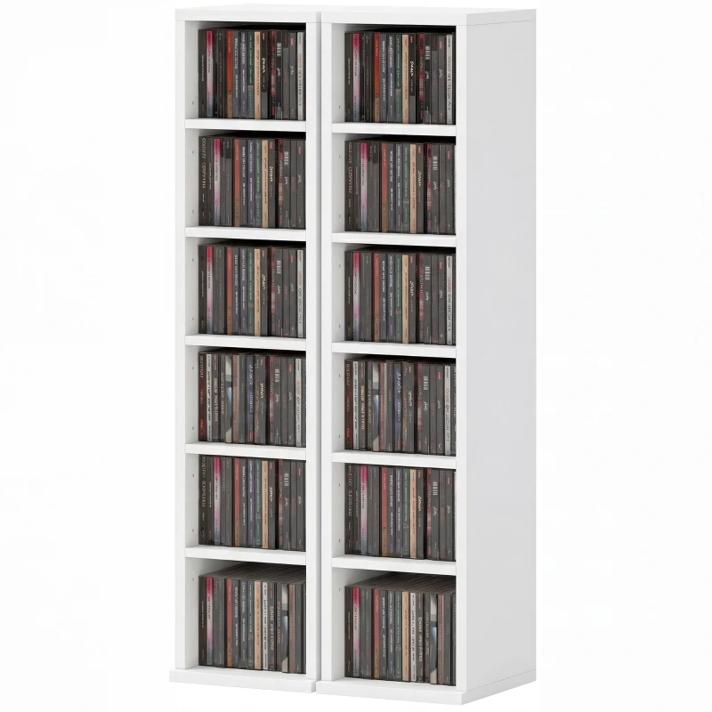HOMCOM Set of 2 CD Media Display Shelf Unit Tower Rack with Adjustable Shelves, White