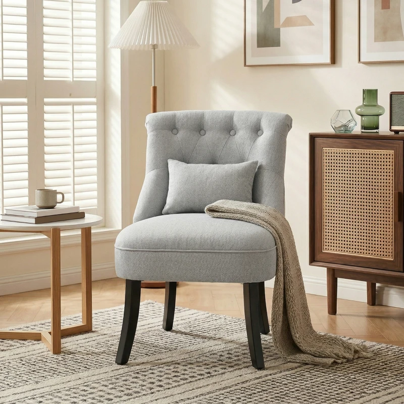 Fabric Single Sofa Dining Chair Tub Chair Upholstered W/ Pillow Solid Wood Leg Home Living Room Furniture Grey