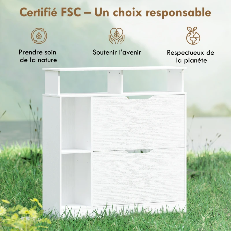HOMCOM Meuble à chaussures, armoire à chaussures, 2 tiroirs rabattables, compartiments ouverts et étagère réglable, blanc
