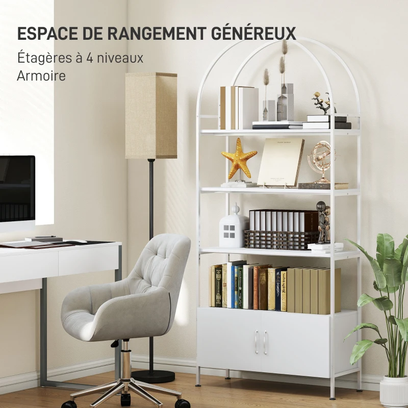 HOMCOM Étagère de rangement, bibliothèque arquée à 4 niveaux avec placard double porte, 80 x 30 x 187 cm, blanc