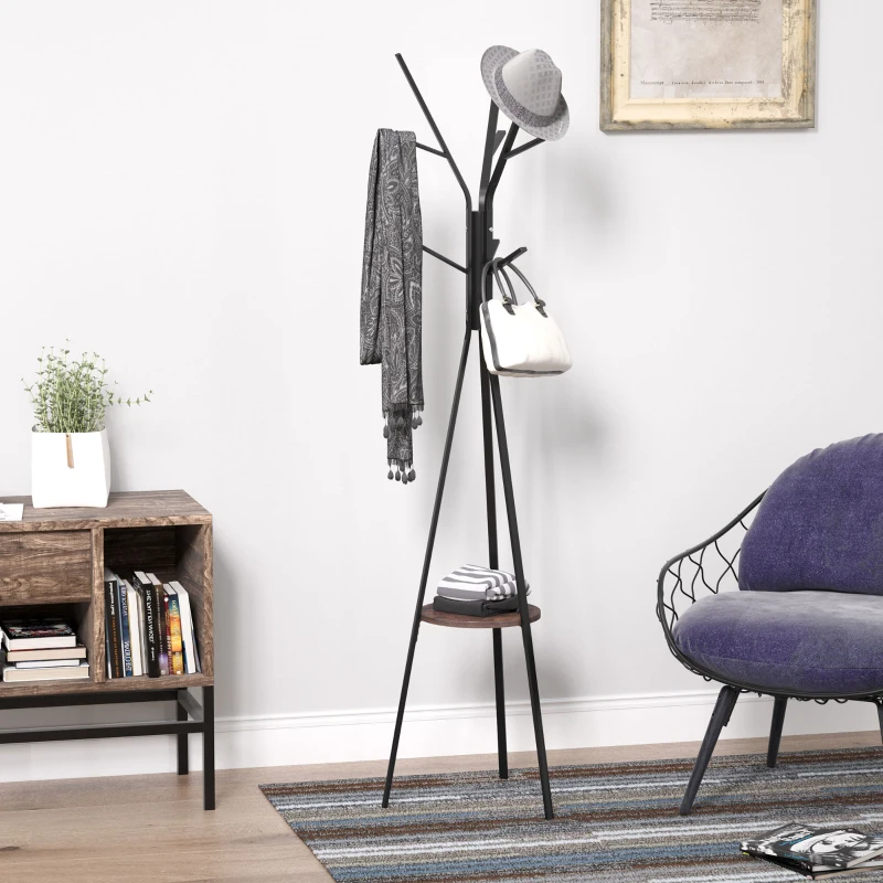 HOMCOM Garderobenständer im Skandidesign, Kleiderständer, 7 Kleiderhaken, Schwarz + Braun