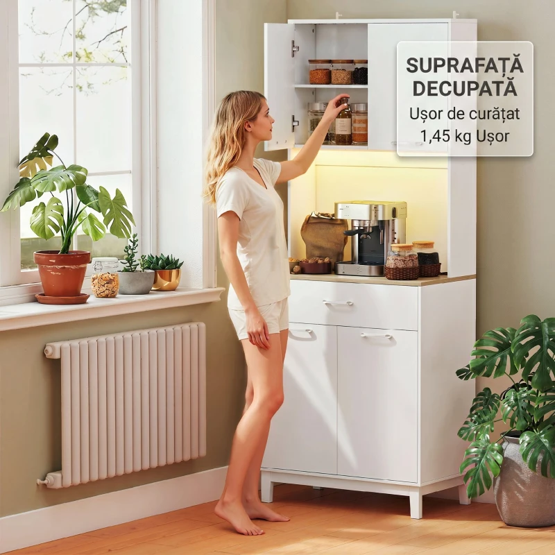 HOMCOM Comodă modernă cu lumini LED, prize electrice și USB, 2 dulapuri și sertar, 71x40x180 cm, alb