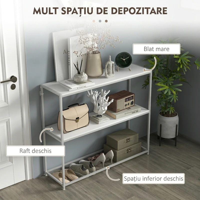 HOMCOM Masă Consolă pentru Hol cu Raft Deschis, din Oțel și PAL, 100x30x87 cm, Alb