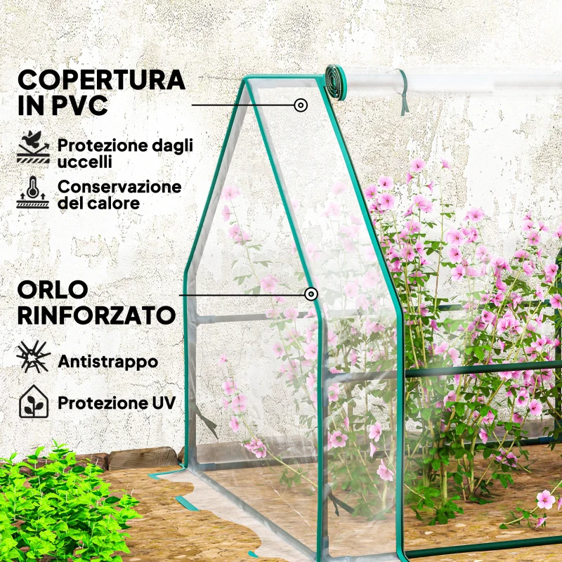 Outsunny Mini Serra da Giardino a 4 Porte Arrotolabili con Copertura Allungata, in Acciaio e PE, 360x90x90 cm, Trasparente