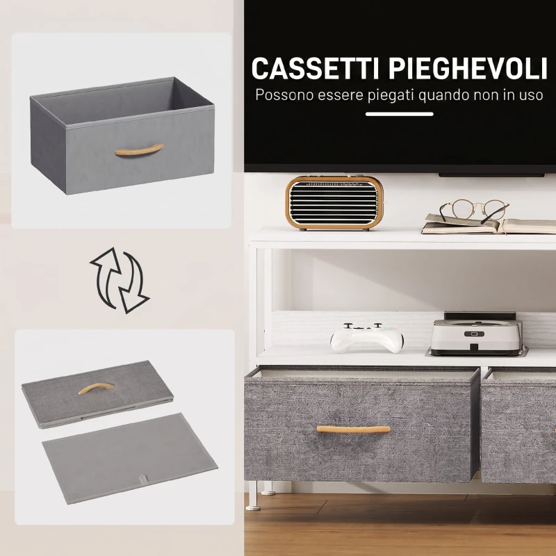 HOMCOM Mobile Porta TV da 47" con Cassetti Pieghevoli in Tessuto e Mensola in Metallo e MDF, 98x29x56 cm, Bianco