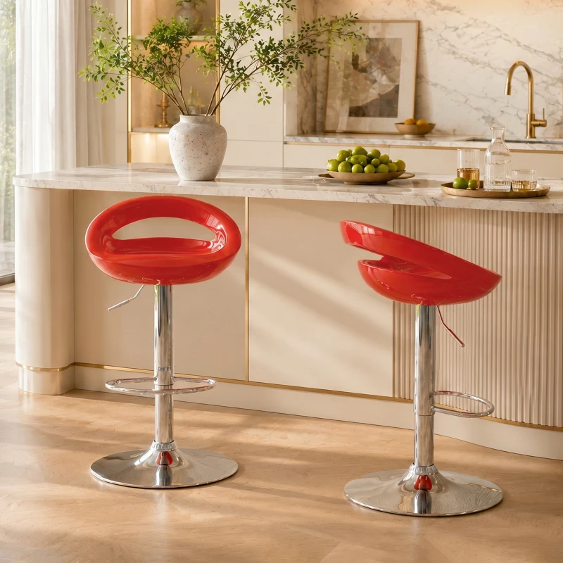 HOMCOM Set 2 Scaune de Bar Rotative cu Suport pentru Picioare, Înălțime Reglabilă, Bază din Oțel, Șezut din ABS, Roșu