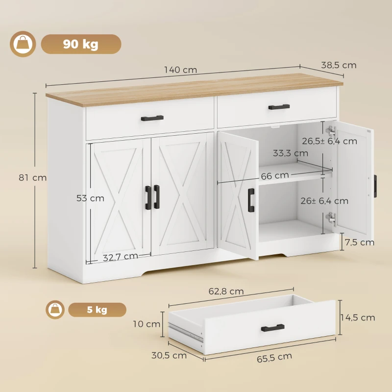 HOMCOM Sideboard Buffet Schrank, 140 cm Farmhaus Küchen-Schrank mit 2 Schubladen und 2 Schränken, Weiß