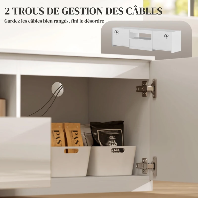 HOMCOM Meuble TV 160 cm, meuble télé pour téléviseur jusqu'à 65 pouces avec 2 portes et tiroir, blanc