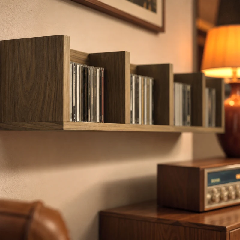 HOMCOM Wooden Shelf Organiser Unit, Wall Mounts Set of 2 84 CD / 56 DVD/Blu-ray/ Media Storage Racks 4 Cubes, Walnut Brown