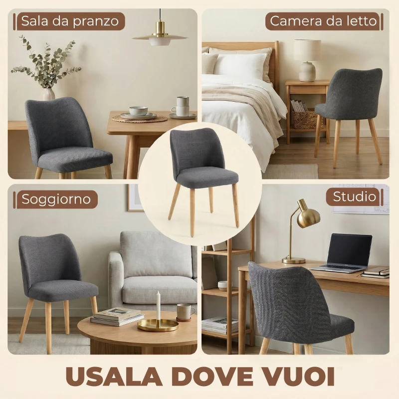 HOMCOM Set di 2 Sedie Pranzo Imbottite con Gambe Legno Hevea, Tessuto Grigio Chiaro