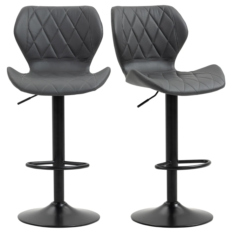 HOMCOM Set di 2 Sgabelli da Bar Alti in Finta Pelle con Altezza Regolabile, Sgabelli Cucina Girevoli con Schienale e Poggiapiedi, 46.5x49.5x92-113cm Grigio