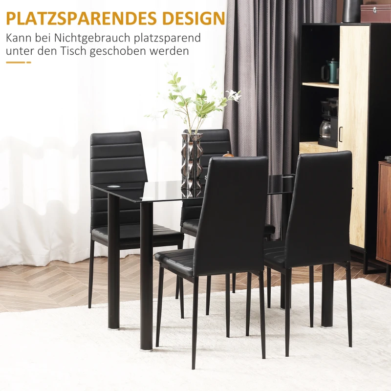 HOMCOM 5-delige Eetkamerset Tafel en 4 Stoelen, Modern Design, Glazen Tafel, Zwart