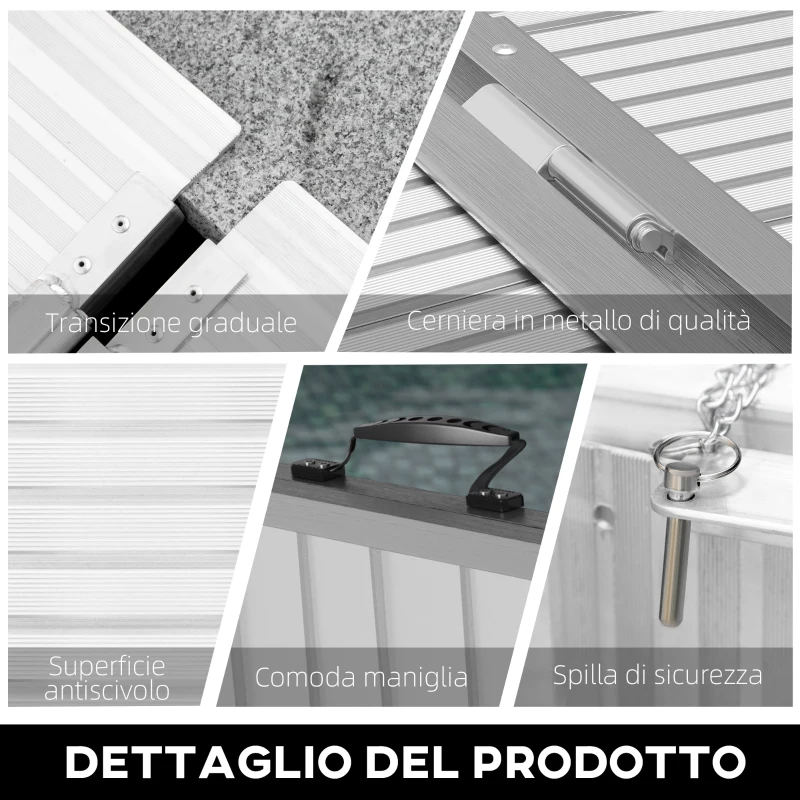 HOMCOM Rampa per Sedia a Rotelle e Scooter per Disabili Pieghevole e Antiscivolo in Alluminio, 305x73.5x5 cm, Argento