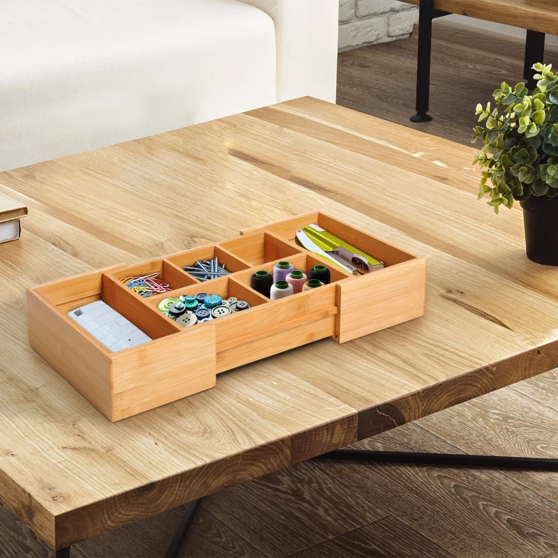 HOMCOM Organizador de Escritório de Bambu Caixa de Armazenamento Extensível com 5-7 Compartimentos  24,6-41x17,6x7 cm Madeira