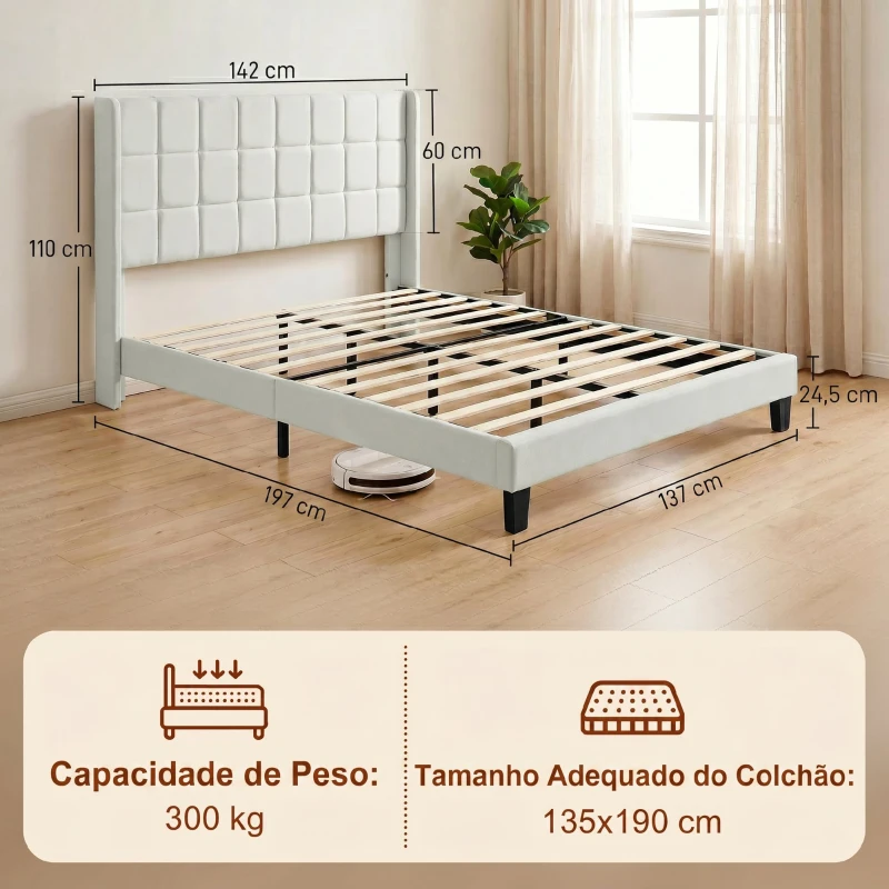 HOMCOM Cama de Casal 135x190 cm com Cabeceira Estofada com Laterais e Arrumação Inferior, Bege
