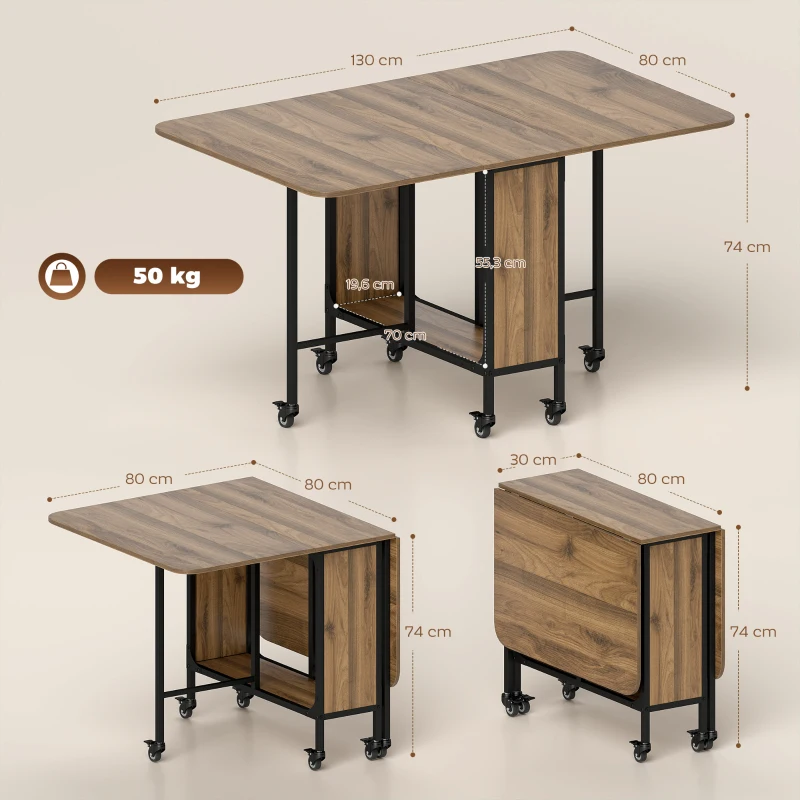 HOMCOM HOMOM Mesa de Cozinha Dobrável Mesa de Refeição Dobrável com Rodas Laterais Abatíveis e Prateleira Mesa Dobrável para Sala de Jantar 130x80x74 cm Marrom