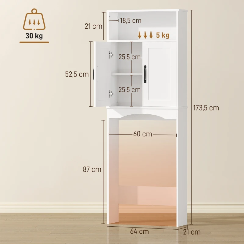 HOMCOM Armário sobre a Sanita, Móvel de Casa de Banho com 2 Portas de Fecho Suave e Prateleira Aberta, 64 x 21 x 173,5 cm, Branco