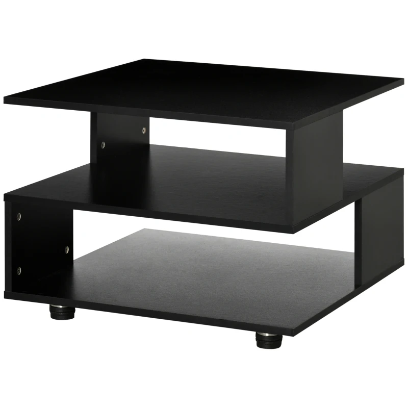 HOMCOM Tavolino da Caffè Asimmetrico in Legno con Ripiani e Piedini Regolabili, 60x60x45cm, Nero