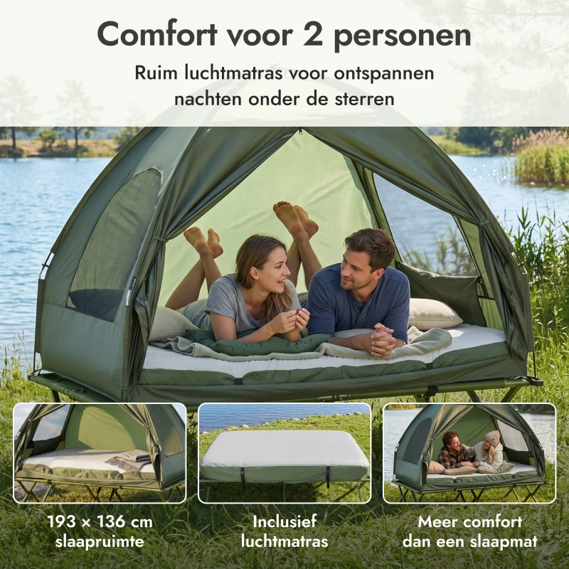 Outsunny Campingbed Hoog Met Matras Draagbaar Camping Groen