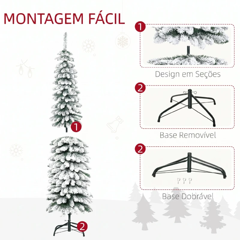 HOMCOM Árvore de Natal Estreita Nevada 180 cm com 395 Ramos e Suporte Metálico Dobrável para Sala de Estar, Interior, Verde