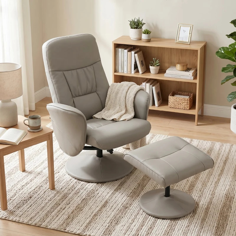 HOMCOM Cadeira Relax Reclinável com Otomana Encosto Alto Giratória 360° Apoios de Braços Bege Cinzento