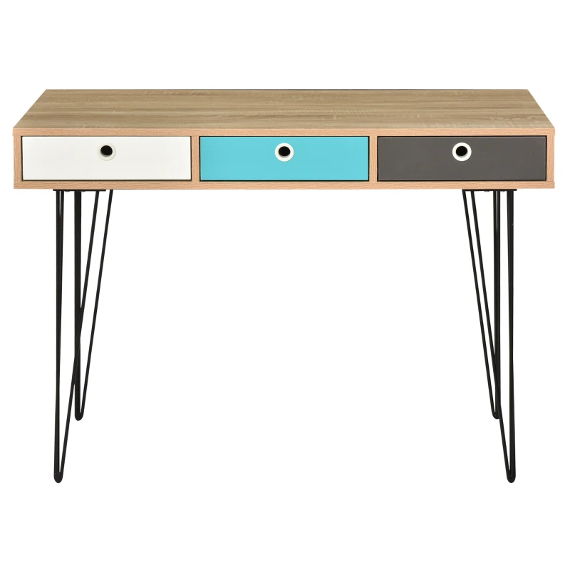 HOMCOM Scrivania Moderna con 3 Cassetti Multicolore in Legno e Metallo, Scrivania per Camera e Ufficio in Stile Nordico, 110x50x77.5cm