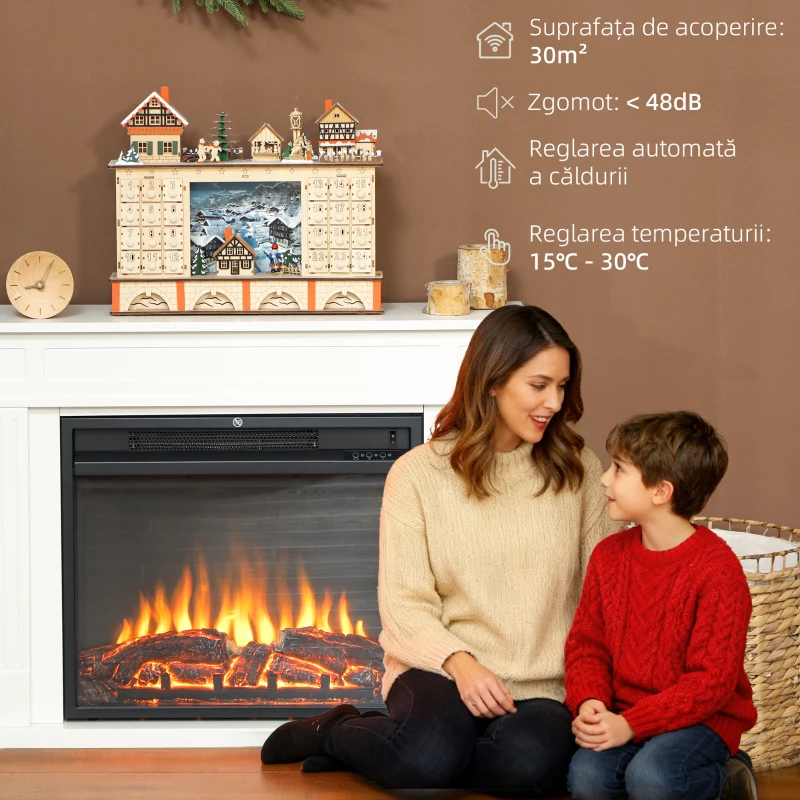 HOMCOM Șemineu Electric cu Flacără Reglabilă pe 5 Niveluri de Luminozitate, Telecomandă și Timer, 98x23,5x69,5 cm, Alb și Negru
