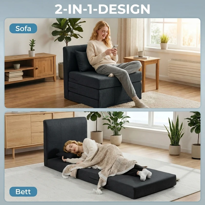HOMCOM 2-in-1 Schlafsessel Klappbares Sofa-Bett mit Leinenstruktur, Gepolstertes Gästebett Klappstuhl, Dunkelgrau