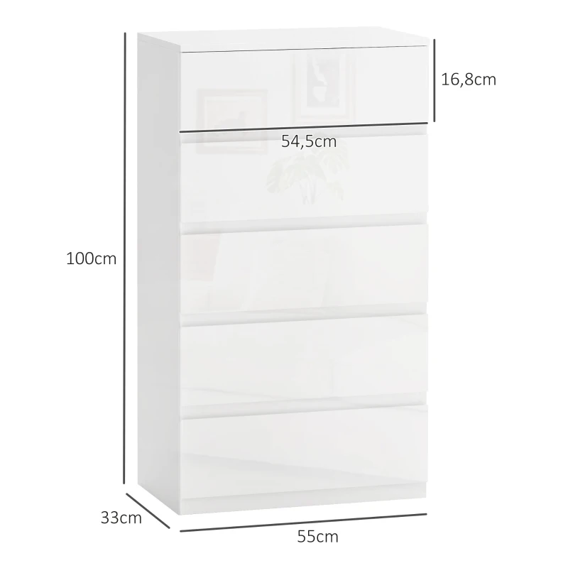 HOMCOM Cómoda com 5 Gavetas de Madeira Cómoda de Dormitório Cómoda Branca Estilo Moderno 55x33x80 cm Branco Brilhante