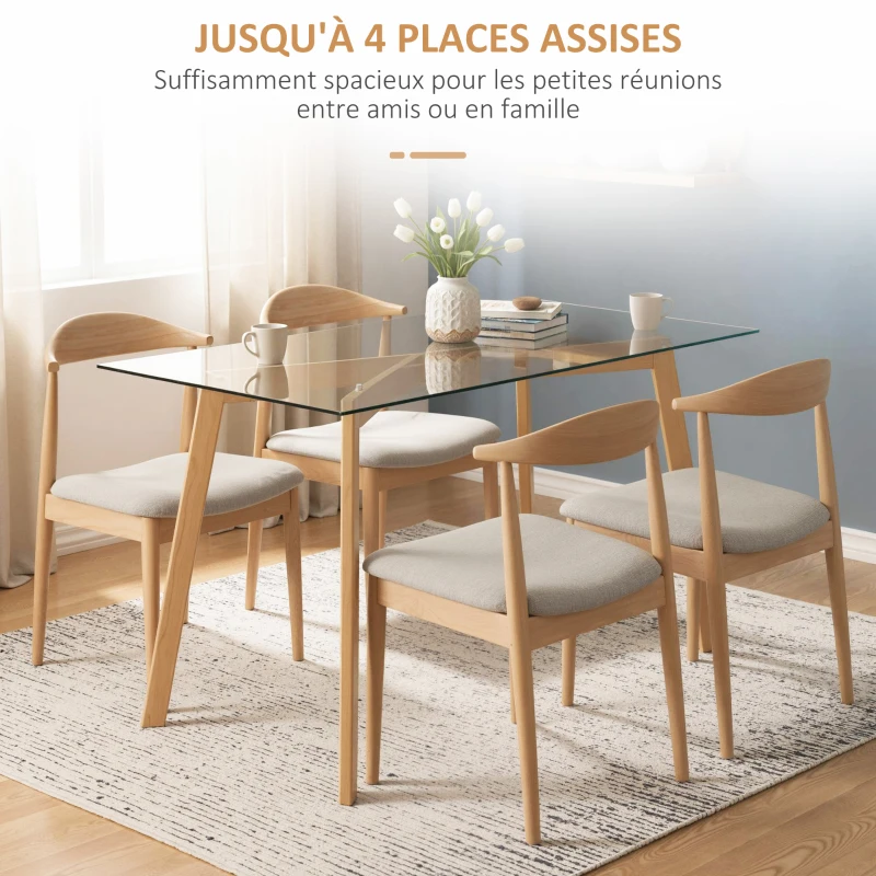 HOMCOM Table à manger pour 4 personnes, 120x60x76cm, table de cuisine, plateau en verre trempé et pieds en acier, transparent