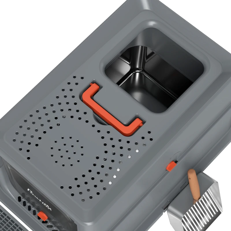 PawHut Stainless Steel Cat Litter Tray with Lid, XL 90L Enclosed Cat Litter Box with Step, Scoop, High Side, Dark Grey