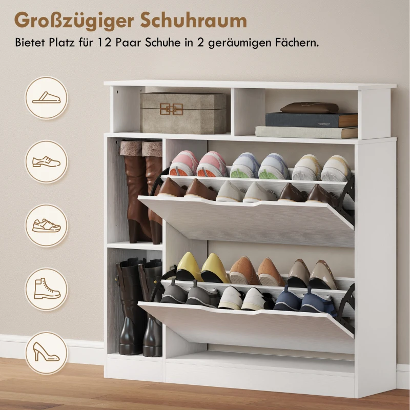 HOMCOM Schuhschrank mit 2 Klappen Schuhkipper mit Verstellbar Trennwand, offenem Fach für 12 Paar Schuhe 89 x 25 x 92 cm Weiß