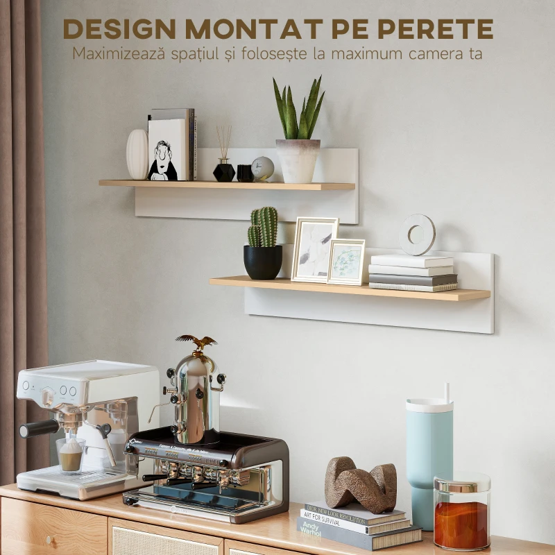 HOMCOM Set 2 rafturi de perete pentru casă și birou din lemn, 80x16.5x20 cm, alb și culoare lemn