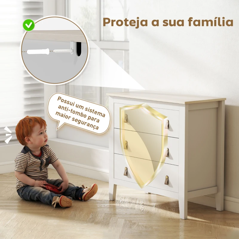 HOMCOM Cómoda de 3 Gavetas Cómoda para Dormitório com Puxadores de PU 80x40x78,5 cm Branco