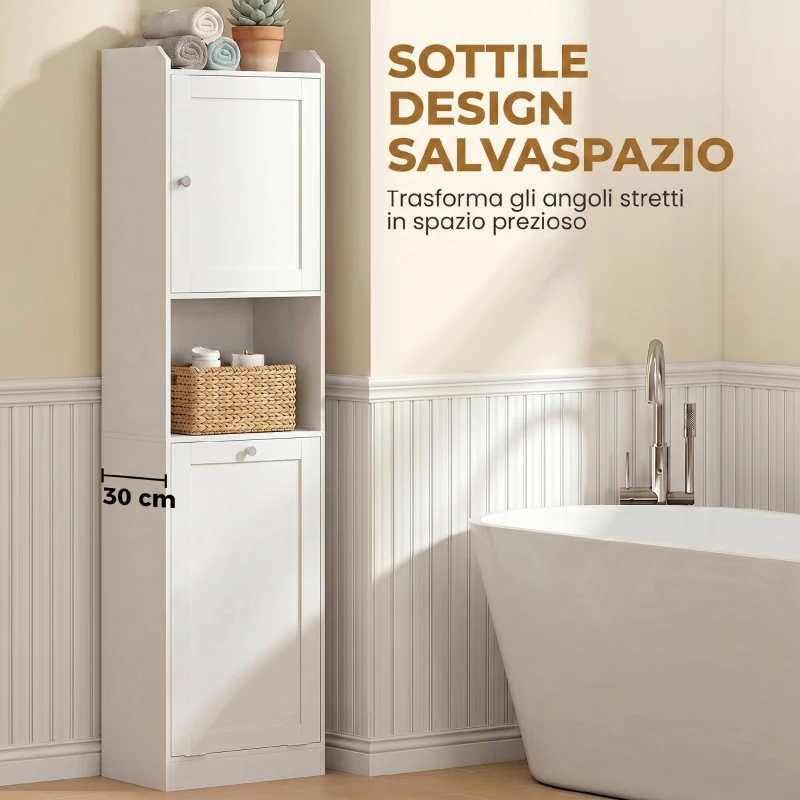 HOMCOM Mobile Bagno Alto con Cesto a Ribalta e Mensole, 40x30x170 cm, Bianco