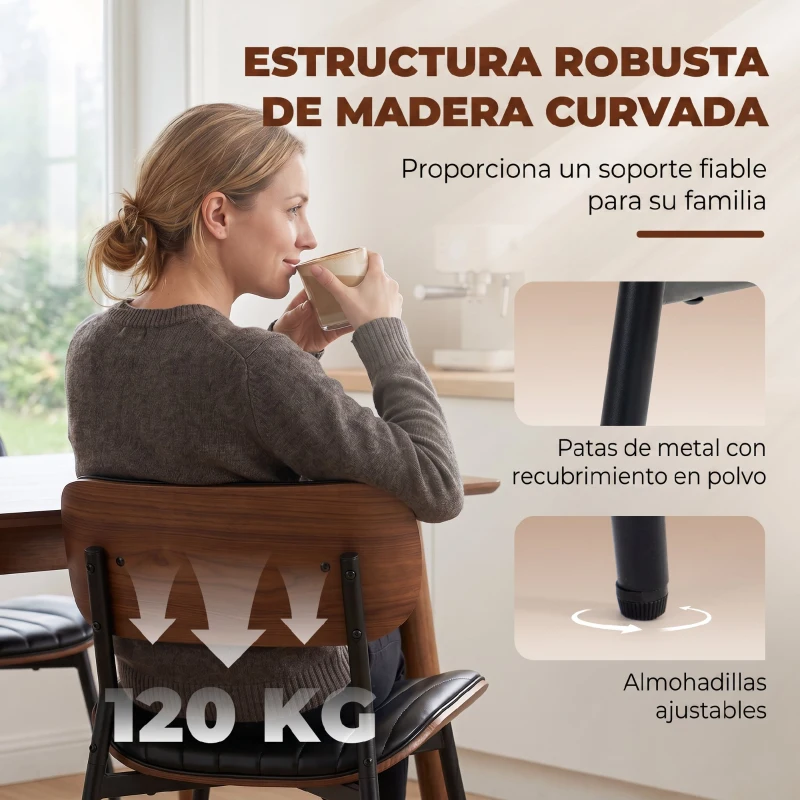 HOMCOM Set de 2 Sillas de Comedor Tapizadas de Piel Sintética con Respaldo Curvo Patas de Metal 49,5x49,5x80 cm Negro y Marrón