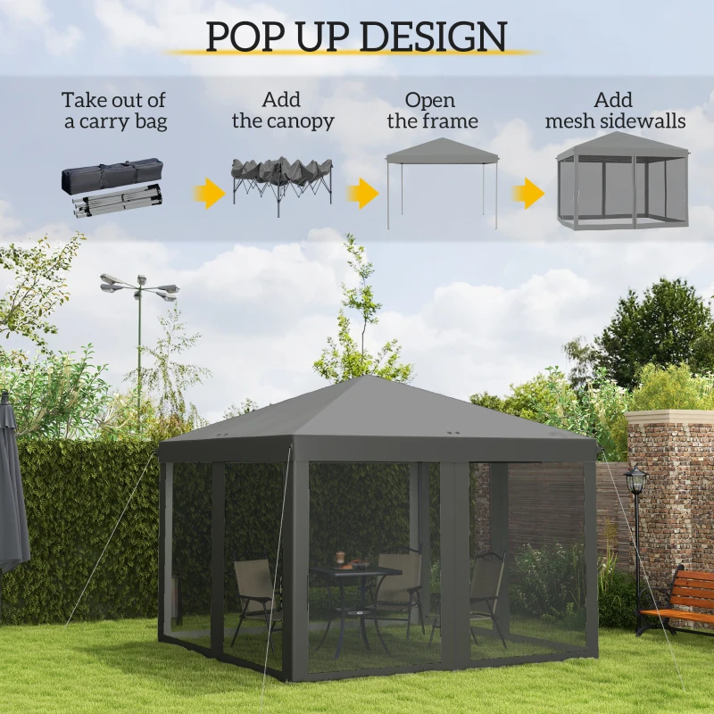Outsunny 3 x 3 m Pop Up Gazebo - Garden Tent with Removable Mesh Sidewall Netting, Includes Carry Bag for Backyard Patio, Outdoor, Light Grey