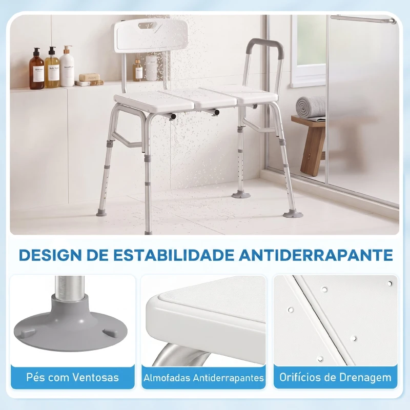 HOMCOM Banco de Duche de Transferência com Apoios de Braços e Encosto, Altura Ajustável em 10 Níveis, Suporta 136 kg